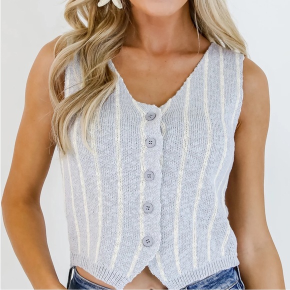 Striped Blue and White Button-Up Knit Vest - Picture 2 of 6